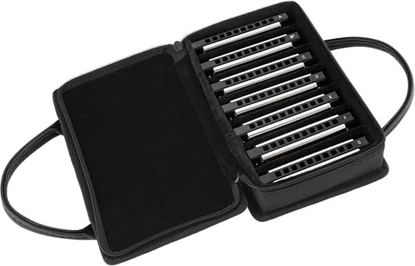 Fender Blues Deluxe Harmonica Pack of 7 Bundle with Carrying Case, Austin Bazaar Beginner Manual, and Polishing Cloth - Keys A, Bb, C, D, E, F, and G