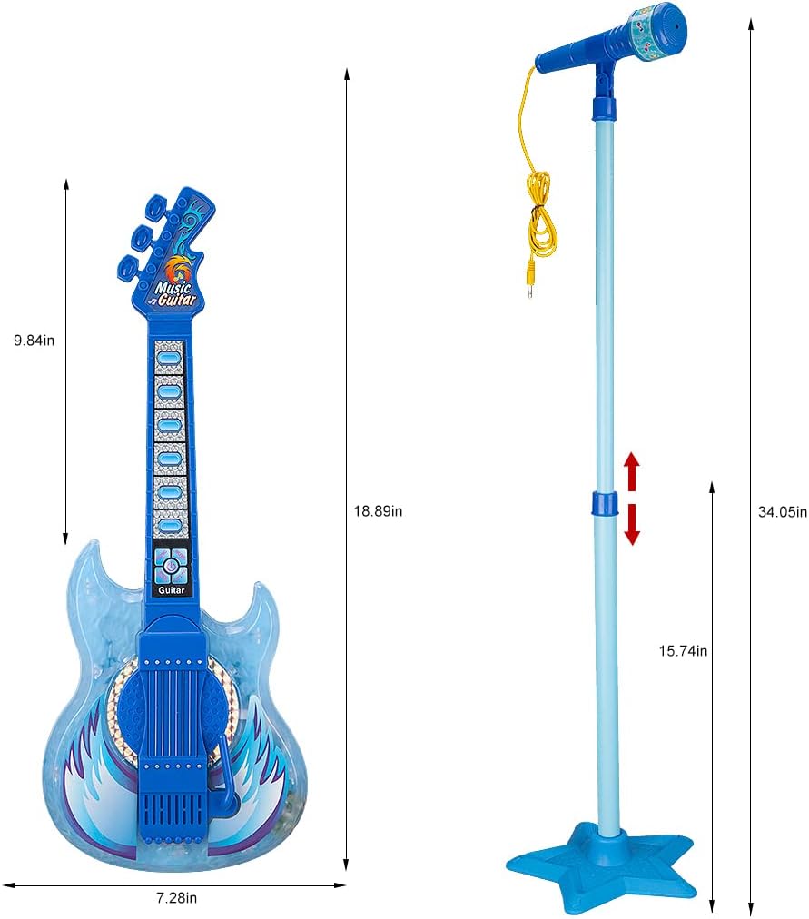 TAKIHON Guitar and Microphone Set for Kids,Guitar Toys with Music&Colorful Light,Adjustable Height Microphone with Stand,Karaoke Toys Gift for Boy,Girls,Toddlers(Blue)-Upgraded