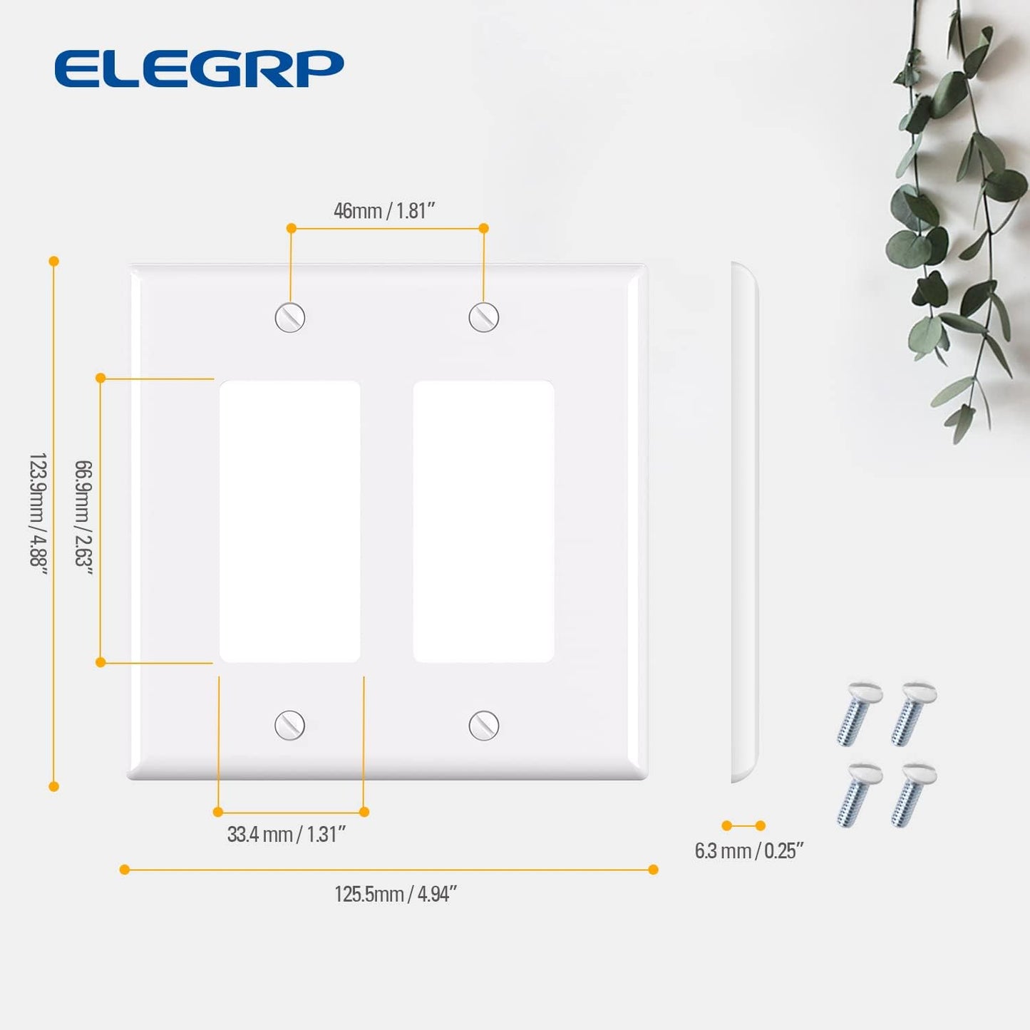ELEGRP 2-Gang Decorative Wall Plates, Mid-Size 4.88" H x 4.94" L Unbreakable Thermoplastic Faceplate Cover for Decorator Receptacle Outlet Switch, UL Listed (2 Pack, Glossy White)