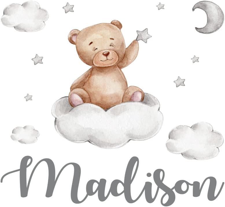 Custom Name Teddy Bear Nursery Wall Decal - Moon, Starts Clouds Watercolor Baby Room Decor for Boys & Girls - Teddy Bear Wall Stickers - Personalized Name Wall Sticker for Nursery playroom