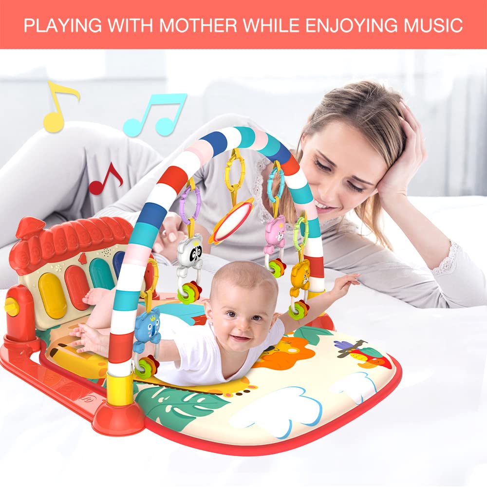 Musical Baby Gyms Play Mats Musical Activity Mat Piano Baby Play Gym Tummy Time Padded Mat for Baby Newborn Toddler Infants (Red)