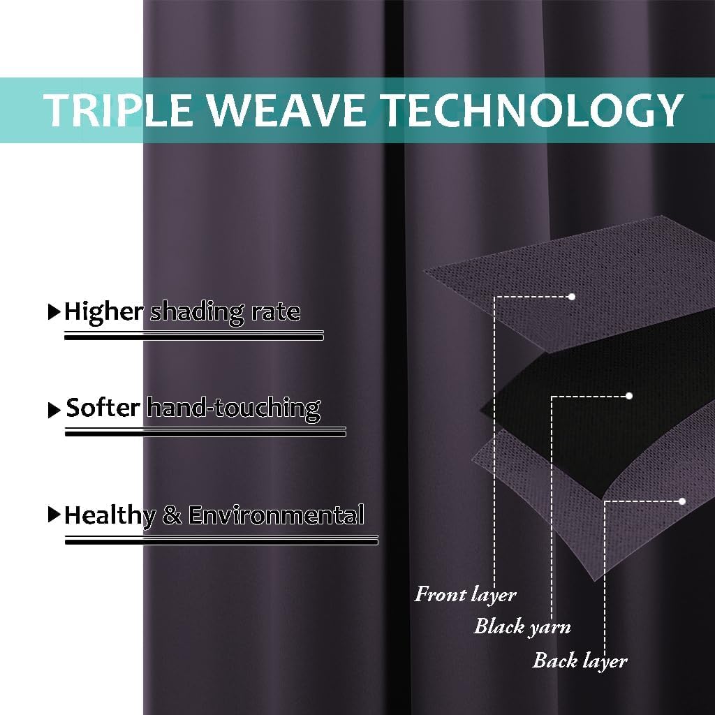 NICETOWN 100% Blackout Short Curtains with Black Liners, 2 Panels, 37" W by 40" L, Greyish Purple, Thermal Insulated Full Blackout 2-Layer Lined Drapes, Energy Efficiency Window Drapes for Bedroom