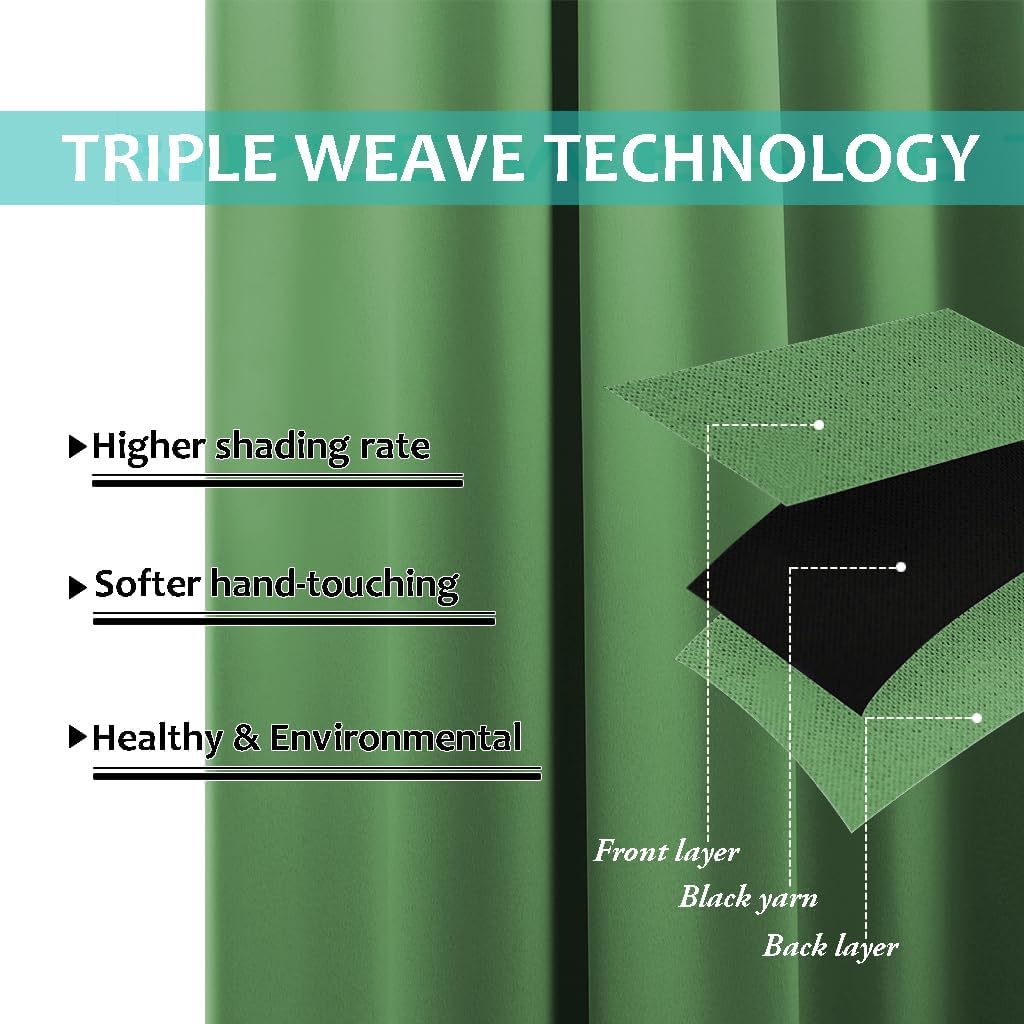 NICETOWN 100% Blackout Window Curtain Panels, Forest Green, 2 Pieces, 52-inch Wide Per Panel, Full Light Blocking Drapes with Black Liner for Nursery, 72-inch Drop Thermal Insulated Draperies