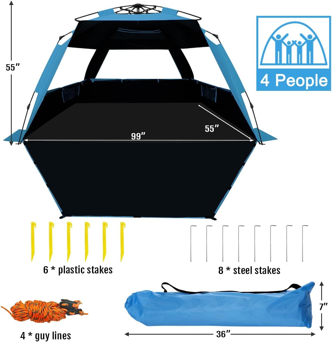 WhiteFang Deluxe Pop Up Beach Tent Sun Shade Shelter for 3-4/5-6 Person, UV Protection, Extendable Floor with 3 Ventilating Windows Plus Carrying Bag, Stakes, and Guy Lines