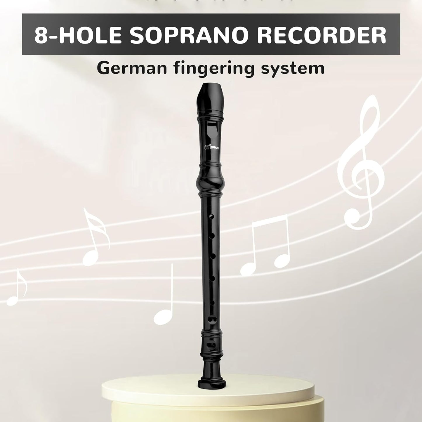 SWAN Soprano Recorder Instrument for Beginners Kids Student - German Fingering 8 Hole Flute Descant Recorders with Cleaning Rod Fingering Chart, Black