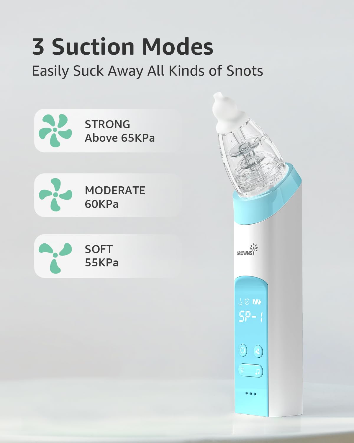 GROWNSY Nasal Aspirator for Baby with Protection Mode, Electric Nose Suction for Baby, Automatic Baby Nose Sucker with 3 Silicone Tips, Adjustable Suction Level, Music and Light Soothing Function