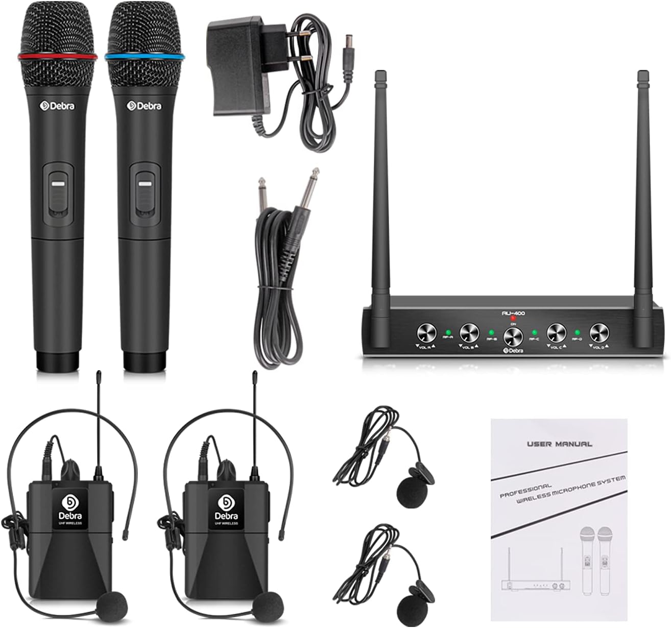 Debra Audio Pro UHF 4 Channel Wireless Microphone System with Cordless Handheld Lavalier Headset Mics, Metal Receiver, Ideal for Karaoke Church Party (with 2 Handheld & 2 Bodypack (B))