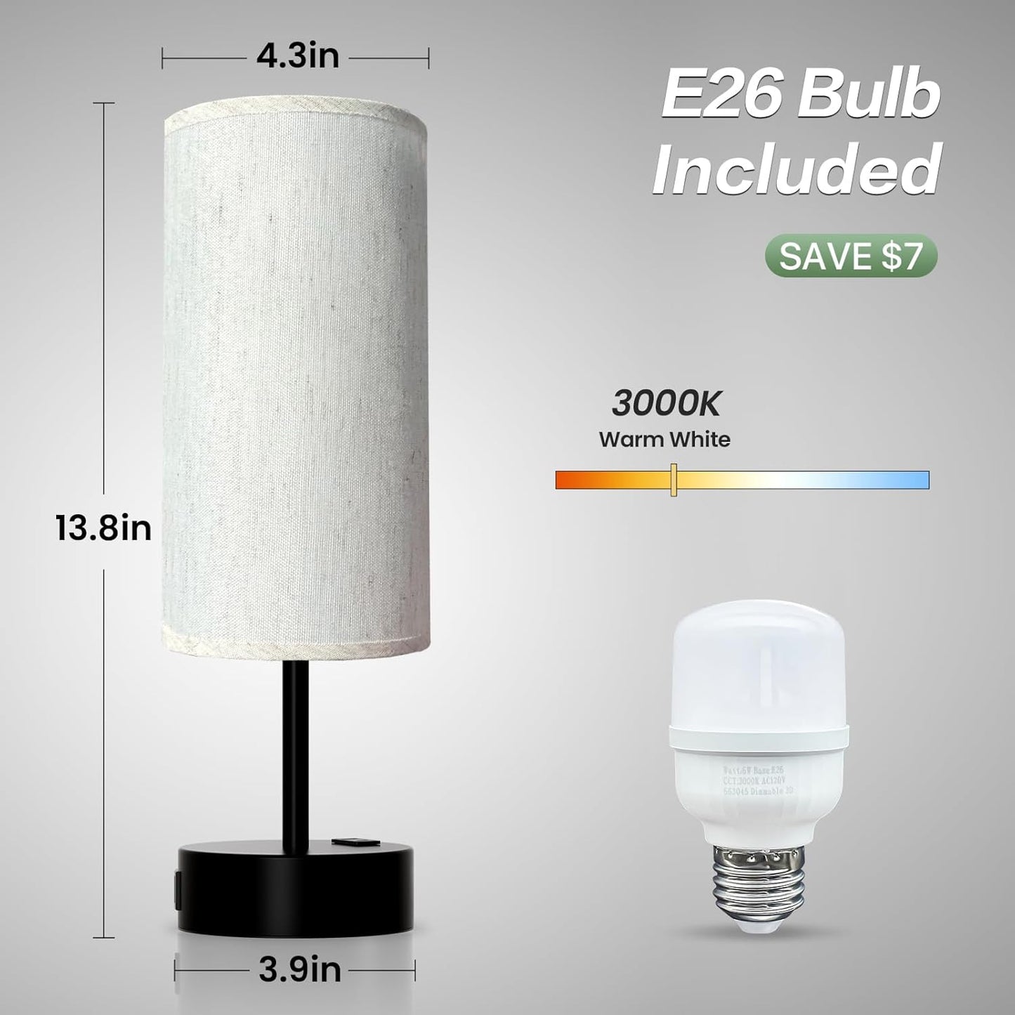 KPQ Small Bedside Lamp Touch Control Table Lamp with USB A+C Charging Ports & AC Outlet 3-Way Dimmable Nightstand Lamp with Linen Fabric Shade for Bedroom Living Room