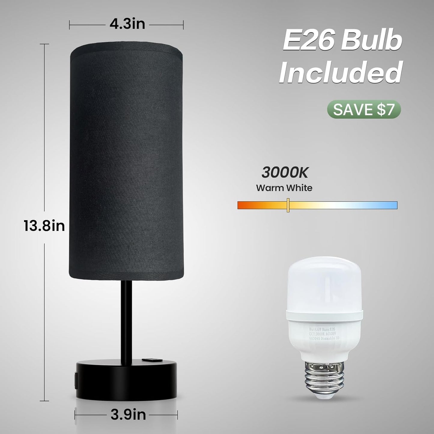 KPQ Small Bedside Lamp Touch Control Table Lamp with USB A+C Charging Ports & AC Outlet 3-Way Dimmable Nightstand Lamp with Linen Fabric Shade for Bedroom Living Room