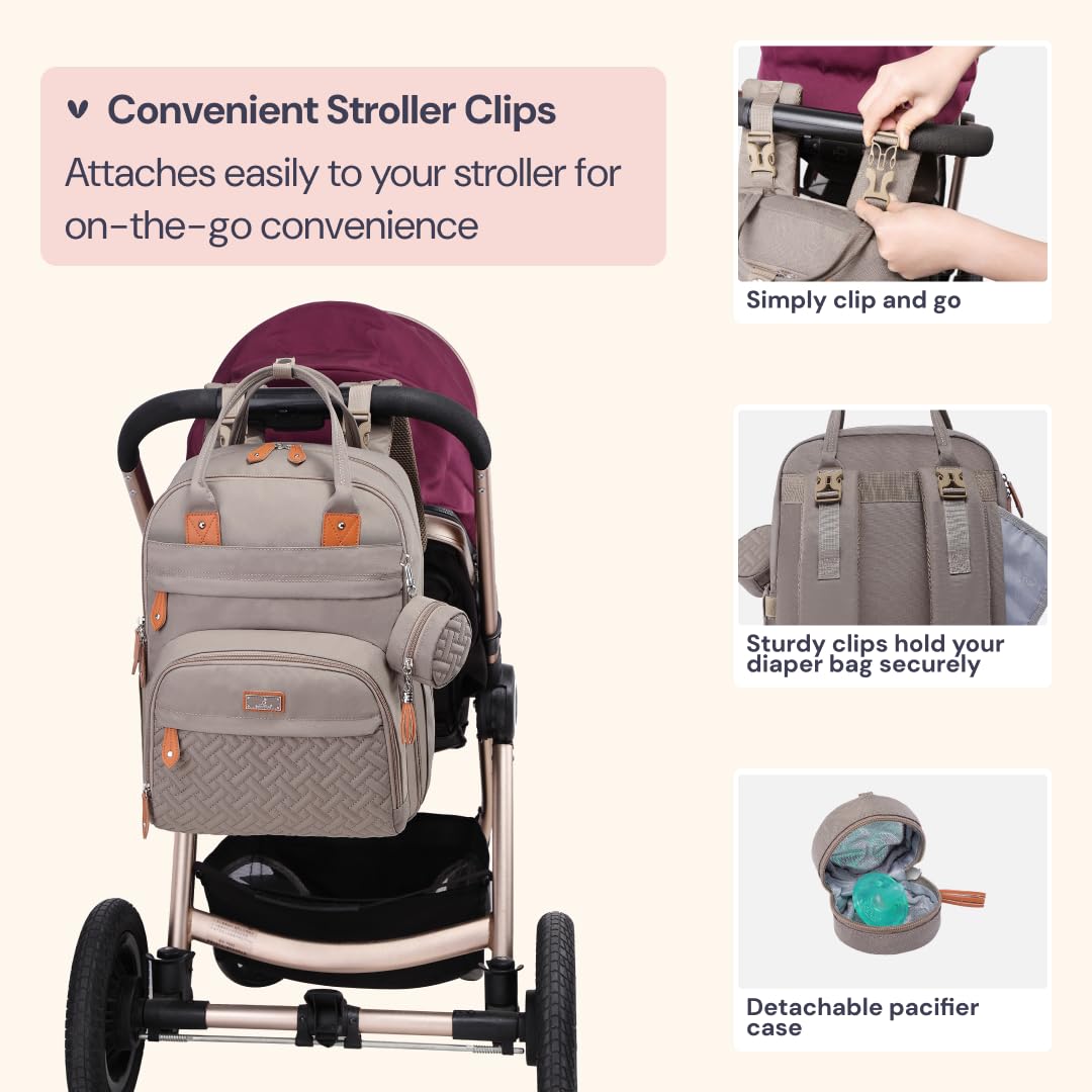 BabbleRoo Diaper Bag Backpack - Baby Essentials Travel Tote - Multi Function Waterproof Diaper Bag, Travel Essentials Baby Bag with Changing Pad, Stroller Straps & Pacifier Case - Unisex, Khaki
