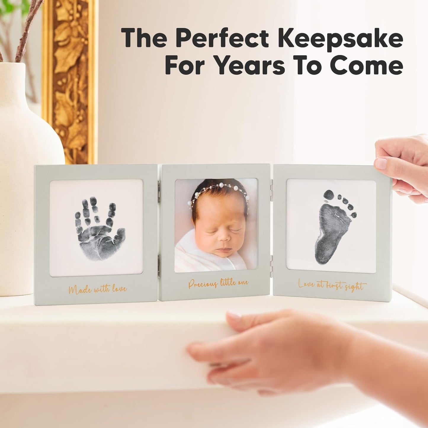 Inkless Baby Handprint and Footprint Kit for Newborn - Baby Footprint Kit, Newborn Keepsake Nursery Picture Frame,Dog Paw Print Maker,Personalized Gifts for New Mom,Showers & Registry(Cloud Gray/Gold)