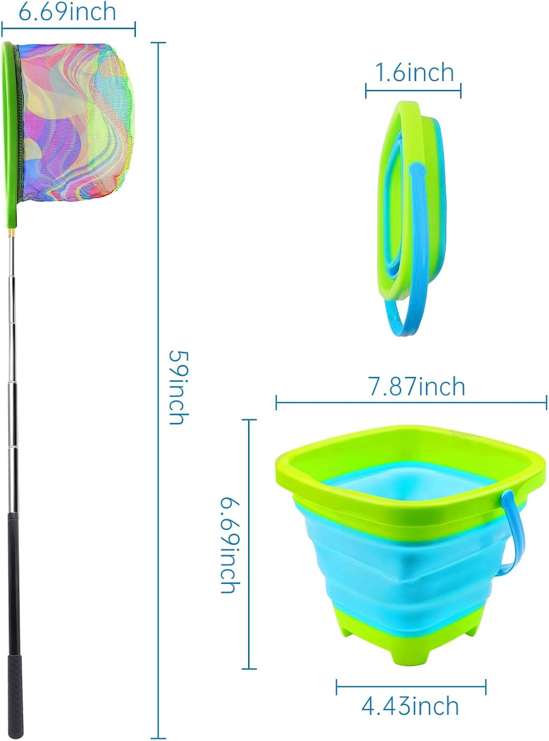 2PCS Fishing Net with Bucket, Telescopic Fishing Landing Net, Collapsible Kids Sand Bucket, Kids Fish Butterfly Catching for Freshwater Saltwater Outdoor Activities