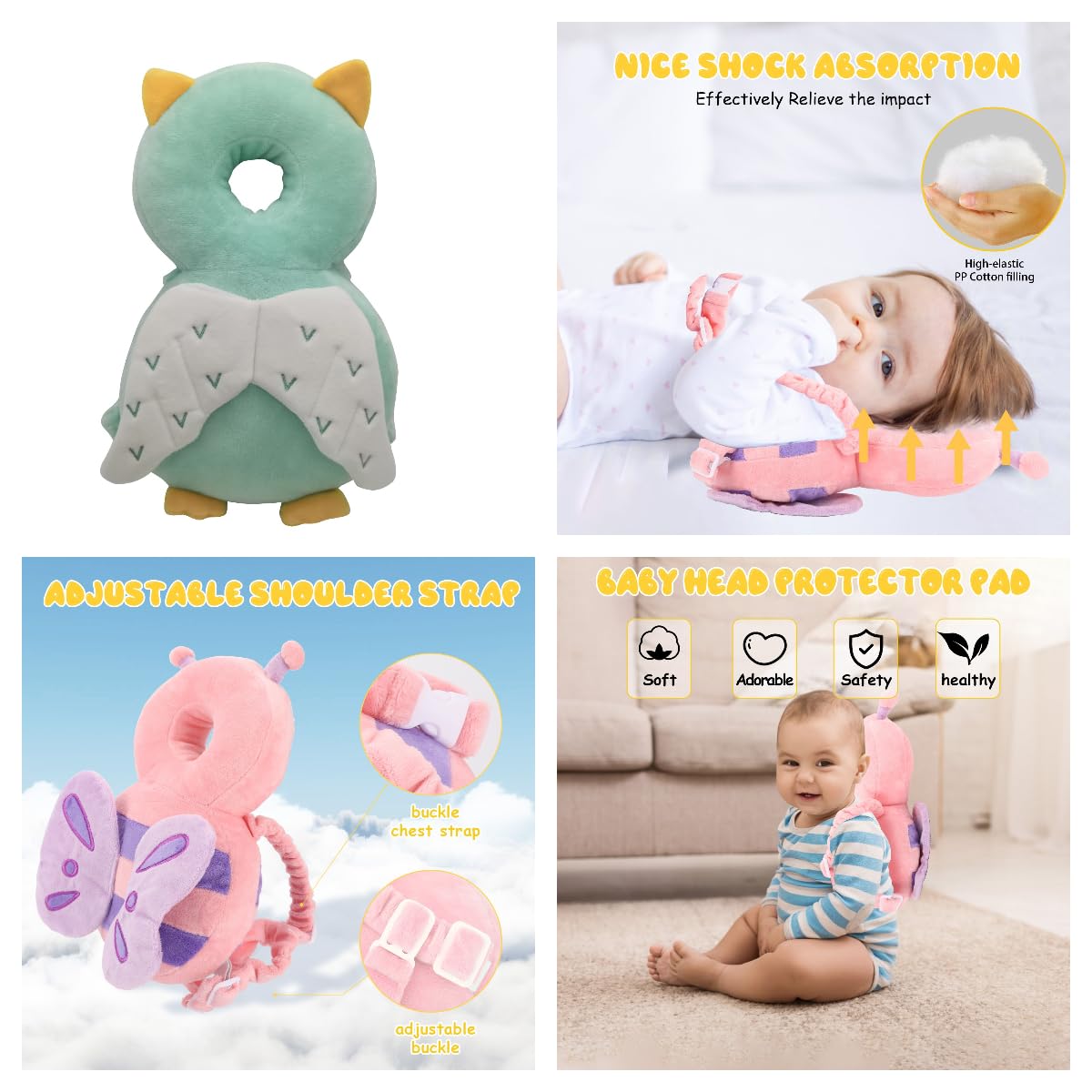 Baby Head Protection Backpack - Soft & Comfortable, Cute Cartoon Design (Q77-Owl)