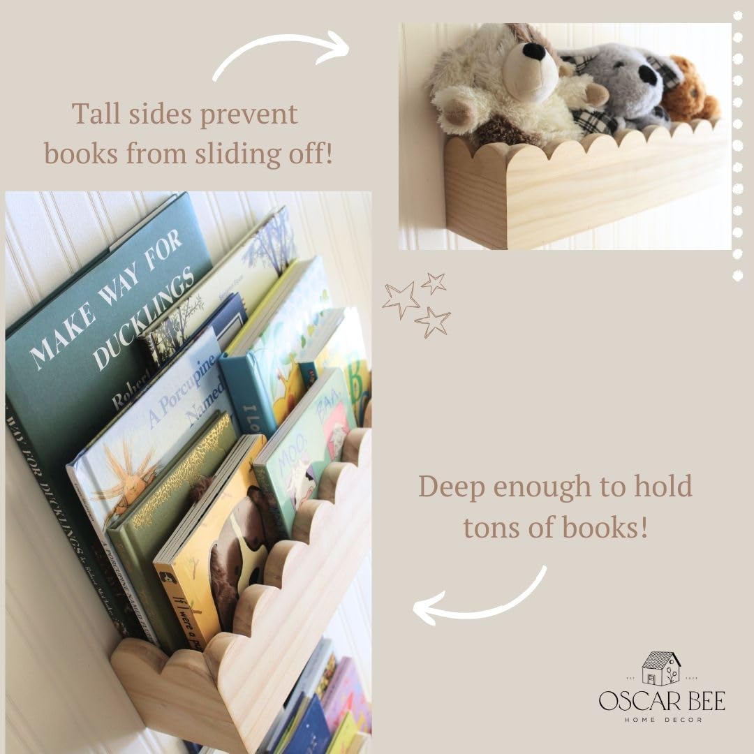 Set of 2 Scalloped Nursery Shelves – Preassembled Floating Cloud Wall Bookshelf for Kids, Baby & Toddler Room – Montessori Nursery Shelves – Kids Wall Book Shelf Display