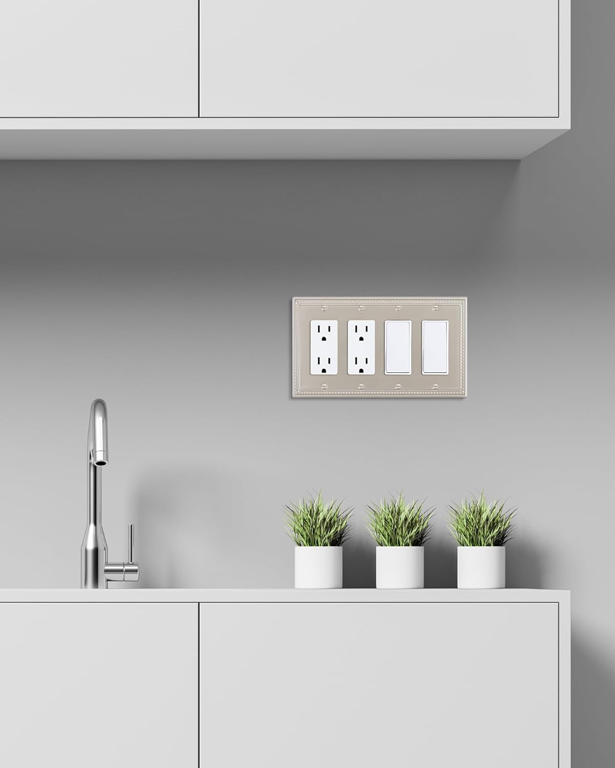 2-Pack Quad Decorator Outlet Cover Plate, Pearls Decorative Switch Plates and Outlet Covers, 4 Gang Brushed Nickel Metal Wall Plates, Corrosion Resistant