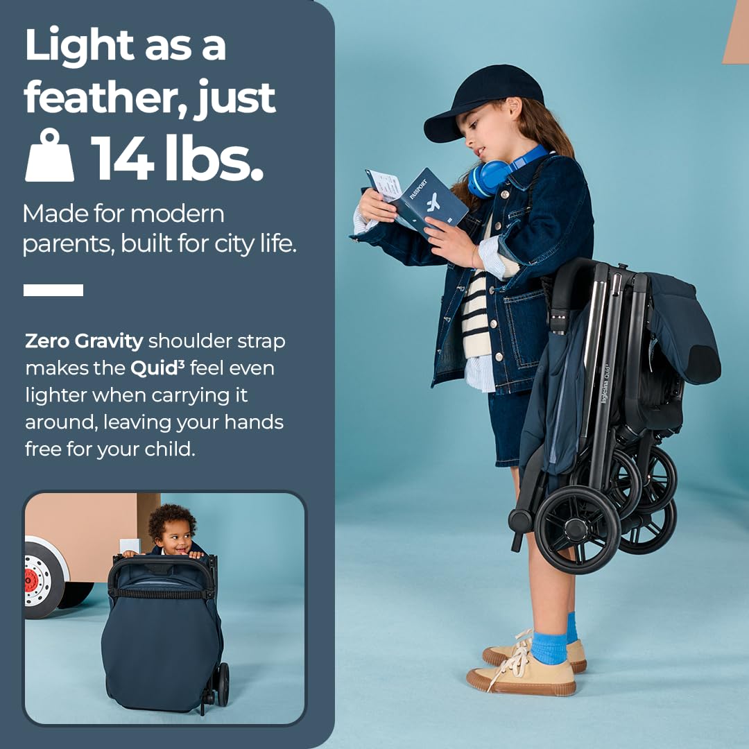 Inglesina Quid³ Stroller, Astral Blue - Compact Reclining Travel Stroller for Baby & Toddler 0-55 lbs, One Hand fold, Car seat Compatible, Airplane Overhead, Lightweight, Foldable, XL UPF 50+ Canopy