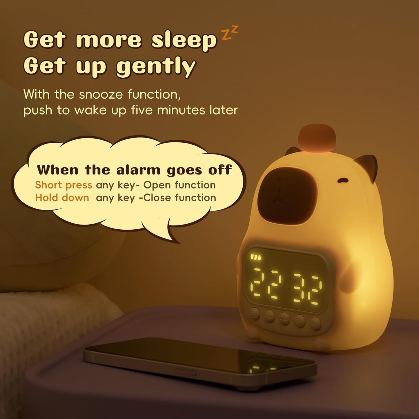 Capybara Alarm Clock with Night Light for Kids, 7 RGB Color Cute Alarm Clocks for Bedrooms Ok to Wake Clocks, Silicone Animal Tabletop Lamp for Teen Girls Boys