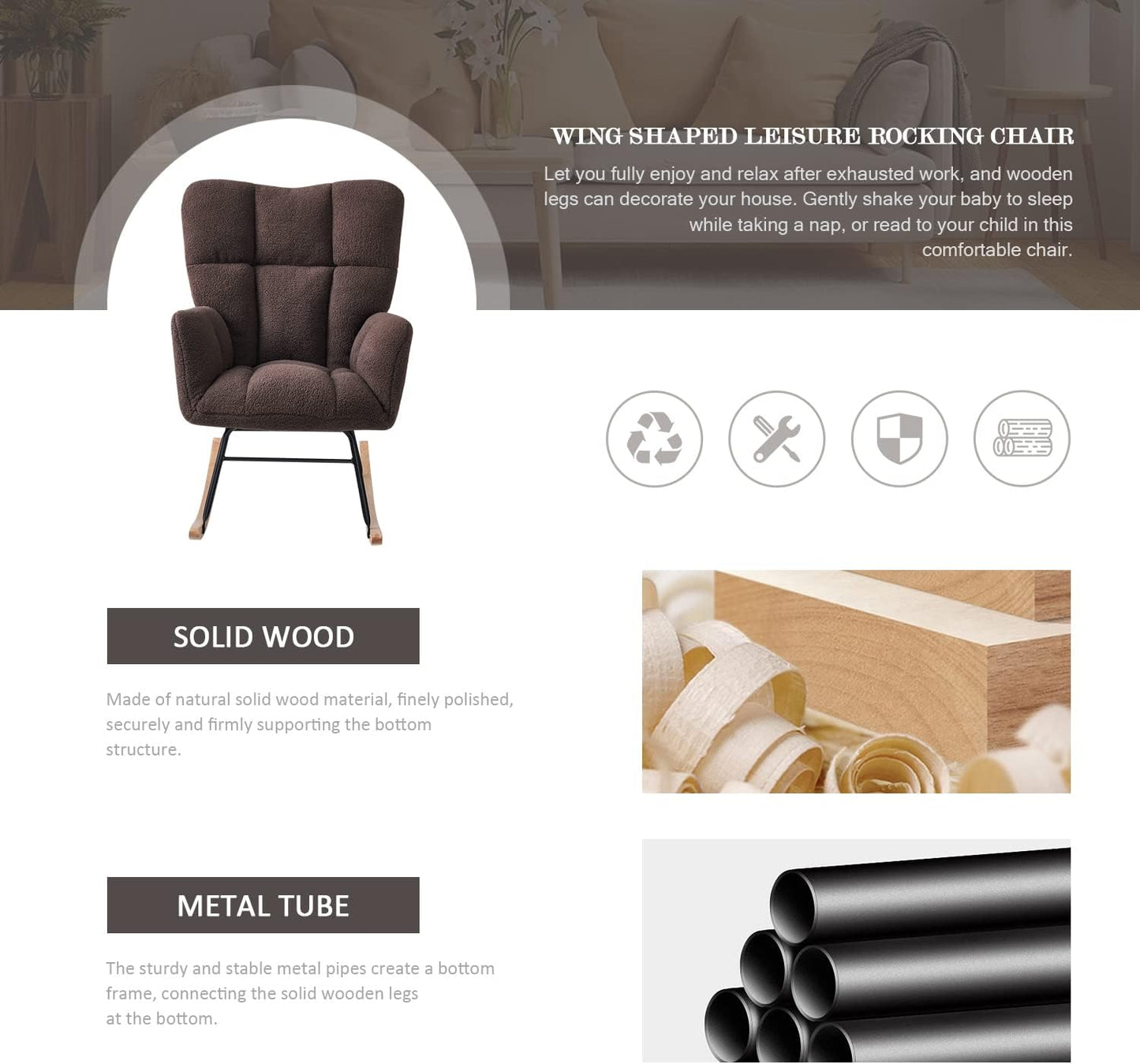 Nursery Rocking Chair, Teddy Upholstered Glider Rocker with High Backrest Armchair, Modern Rocking Accent Chairs for Nursery, Living Room, Bedroom, Offices (Brown)