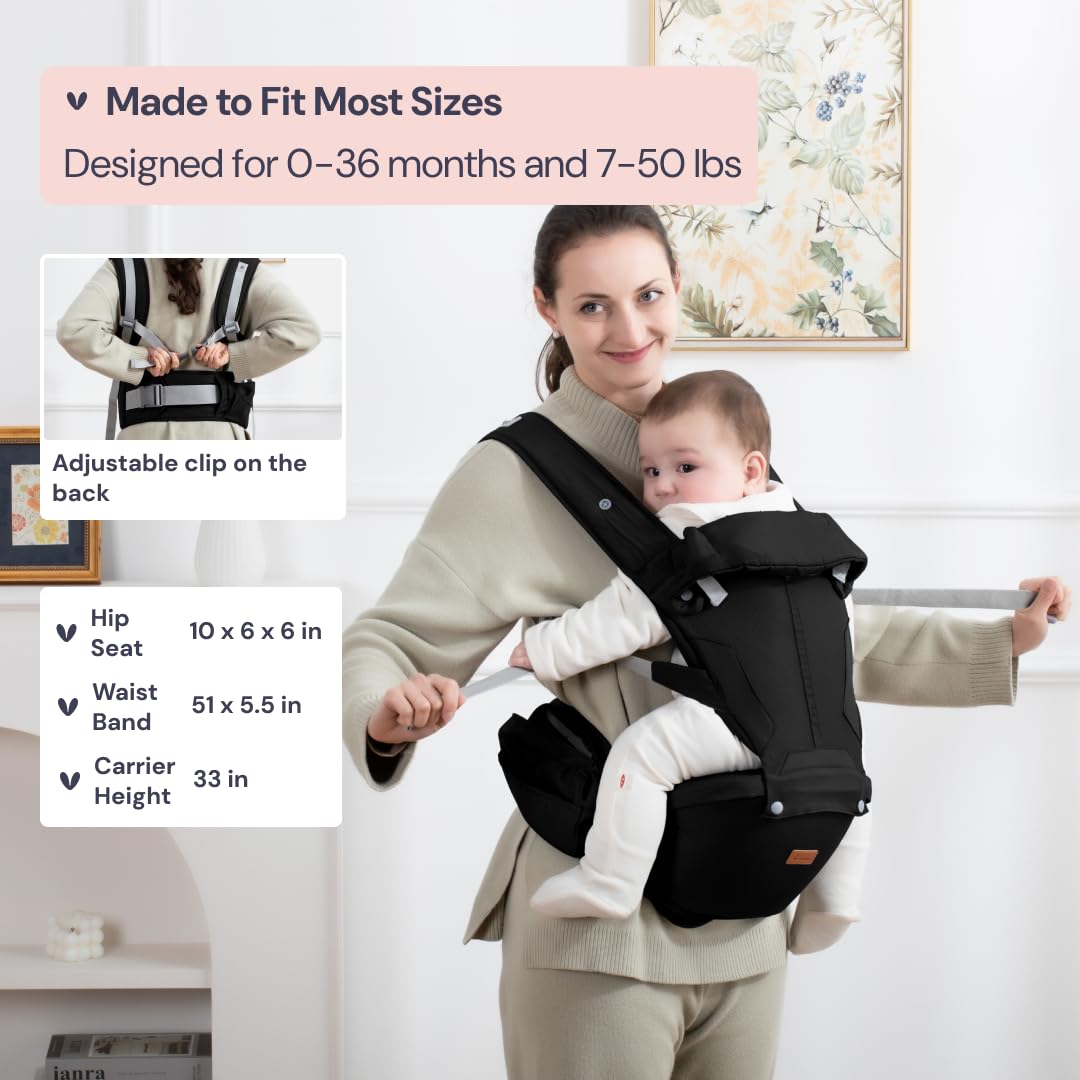 BabbleRoo Grow Carrier – Safety-Certified 6-in-1 Baby Carrier with Hip Seat, Ergonomic & Adjustable Toddler Carrier 7-50 lbs with Hip Support, Hood for Sun Protection, Newborn to Toddler, Black