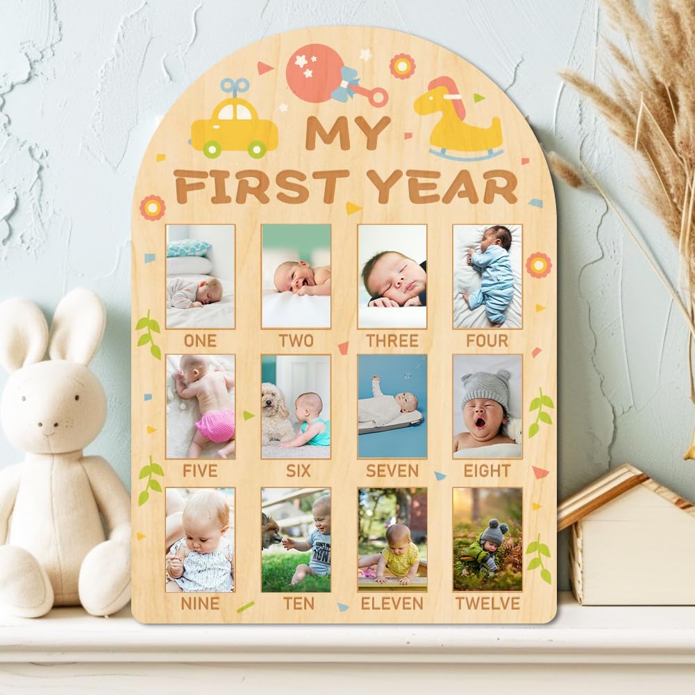 ORIGACH My First Year Baby Growth Photo Display Wood Board - 12 Months Newborn Milestones Photo Board - Neutral Baby Keepsake Frame 1st Birthday Party Nursery Decor New Mom Gift - Car & Rocking Horse