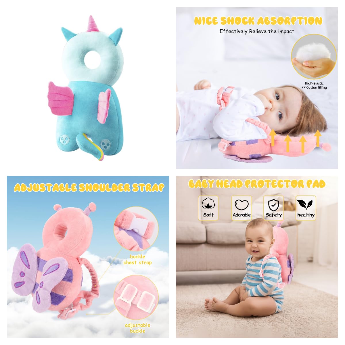 Baby Head Protection Backpack - Soft & Comfortable, Cute Cartoon Design (Q77-Angel)