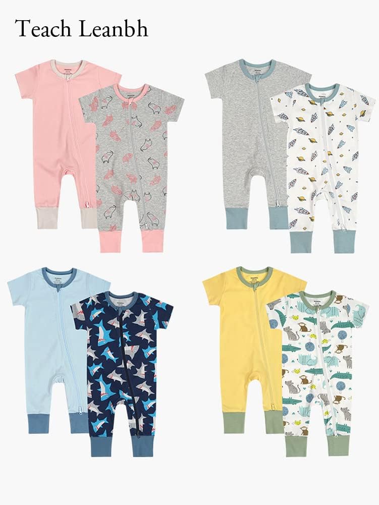 Teach Leanbh Baby Boys Girls 2 Pack 2 Way Zipper Footless Pajamas Cotton Short Sleeve Printing Romper Sleep and Play
