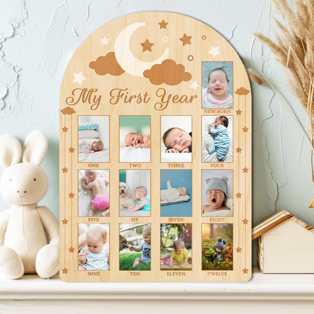 ORIGACH My First Year Baby Growth Photo Display Wood Board - 12 Months Newborn Milestones Photo Board - Neutral Baby Keepsake Frame 1st Birthday Party Nursery Decor New Mom Gift - Moon Star & Cloud