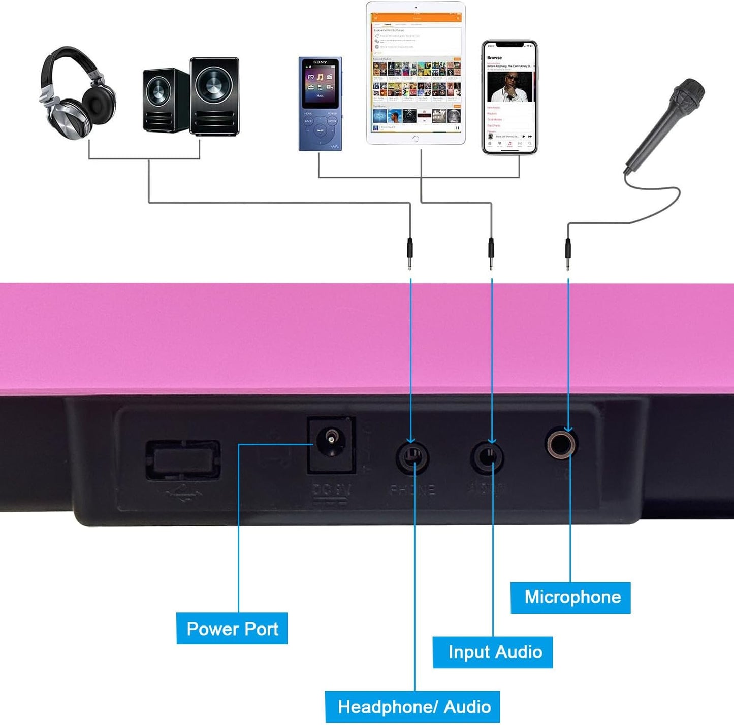 61 Key Electronic Keyboard Piano with Lighted Up Keys, Musical Mini Piano Keyboard with Sheet Music Stand Mircophone, Digital Portable Keyboards for Beginners Kids Adults, Pink