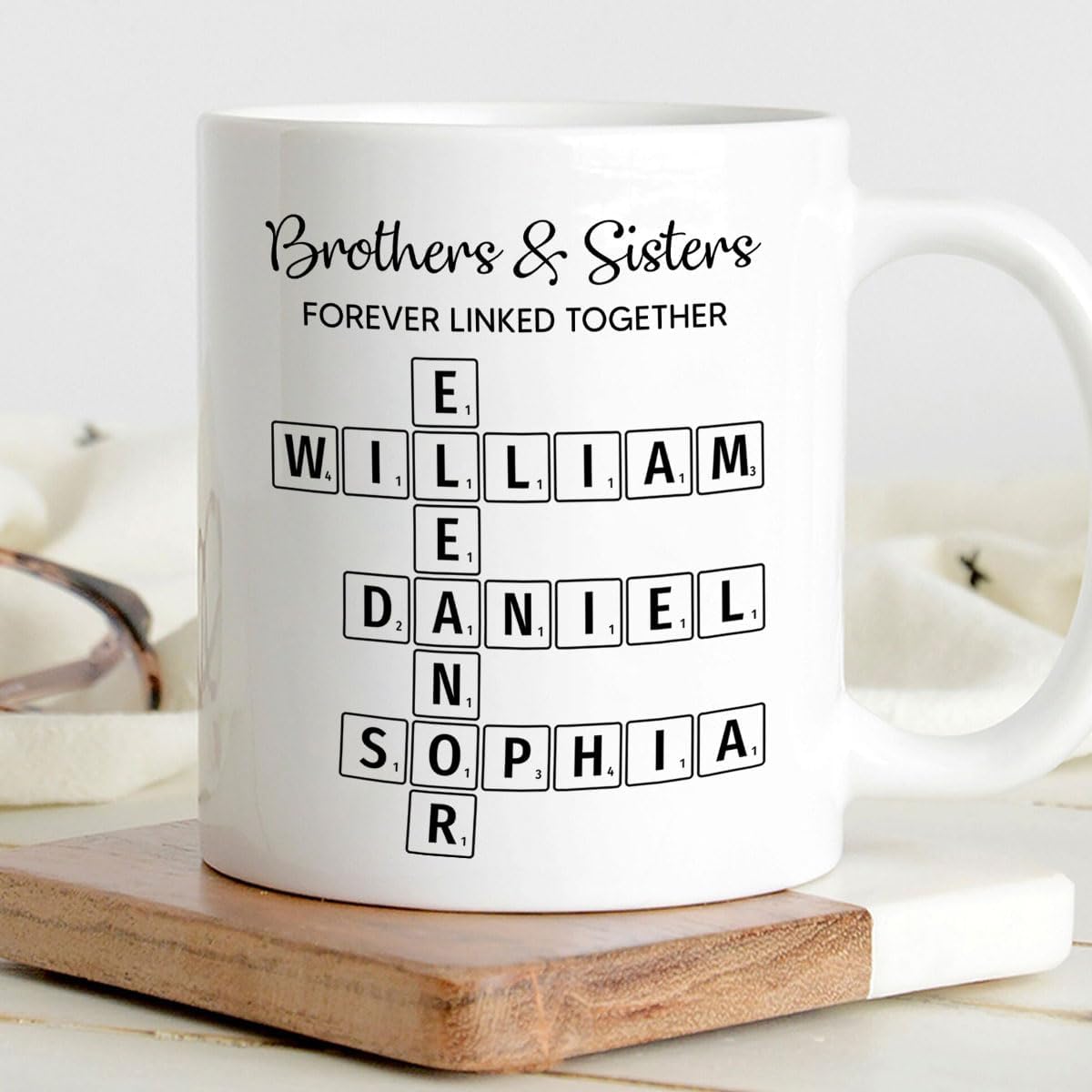 Trending Custom Brothers & Sisters Forever Linked Together Personalized White Mug Brothers Sisters Crossword Puzzle Art Mug, Gift For Brothers, Sisters, Siblings, Family Member on Birthday Christmas