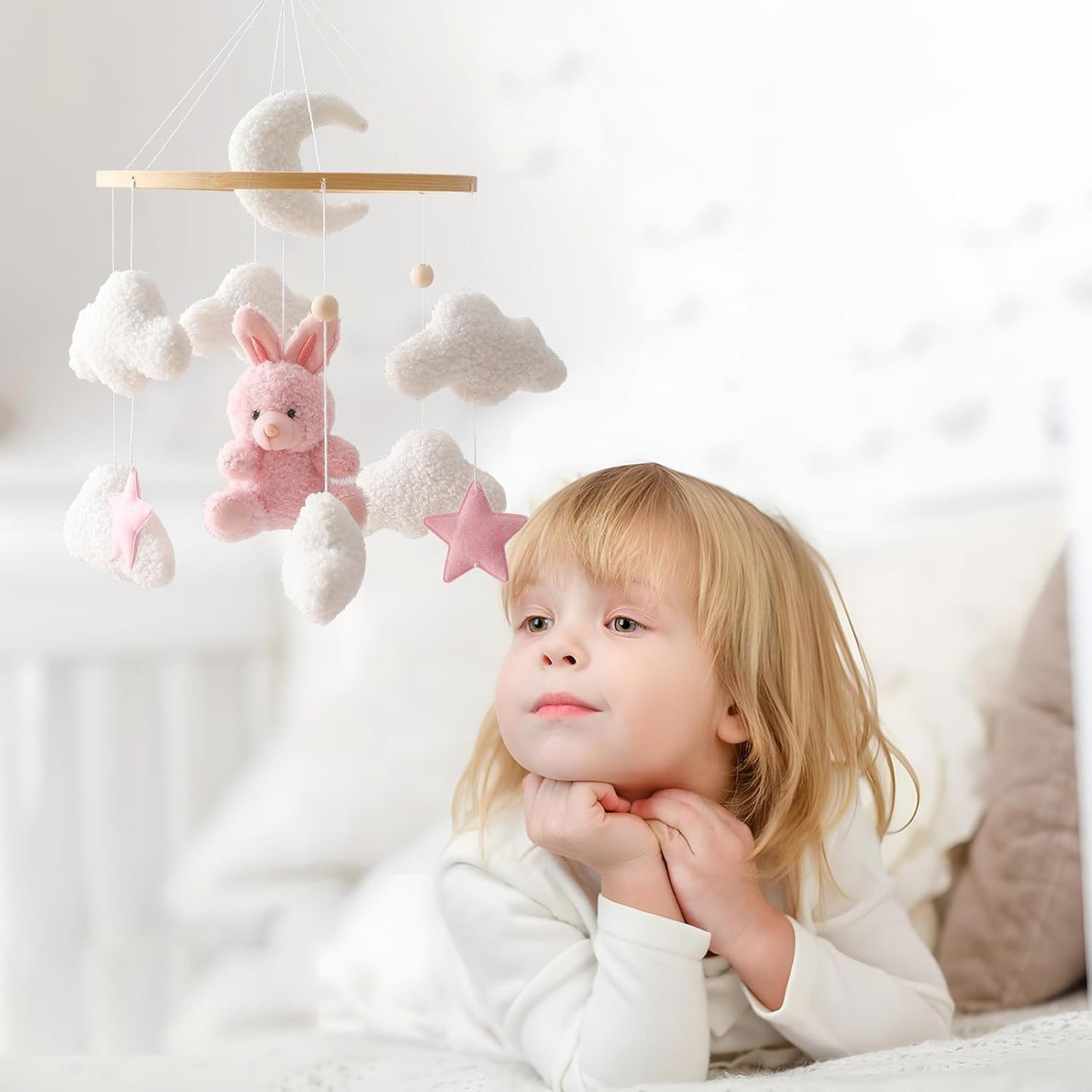 EERKEOD Baby Crib Mobile Bunny Nursery Mobile for Boys Girls Teddy Velvet Mobile Nursery Decor for Infant Bedroom Hanging Baby Mobile for Bassinet Newborn Baby Gift(Pink Bunny)