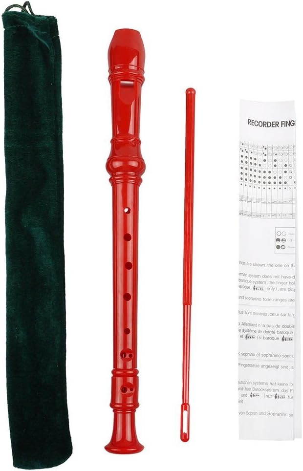 Mr.Power Soprano Recorder German Style C Key for Beginner Student Music Class 3 Piece ABS With Thumb Rest + Fingering Chart + Cleaning Stick + Carrying Bag (Red)