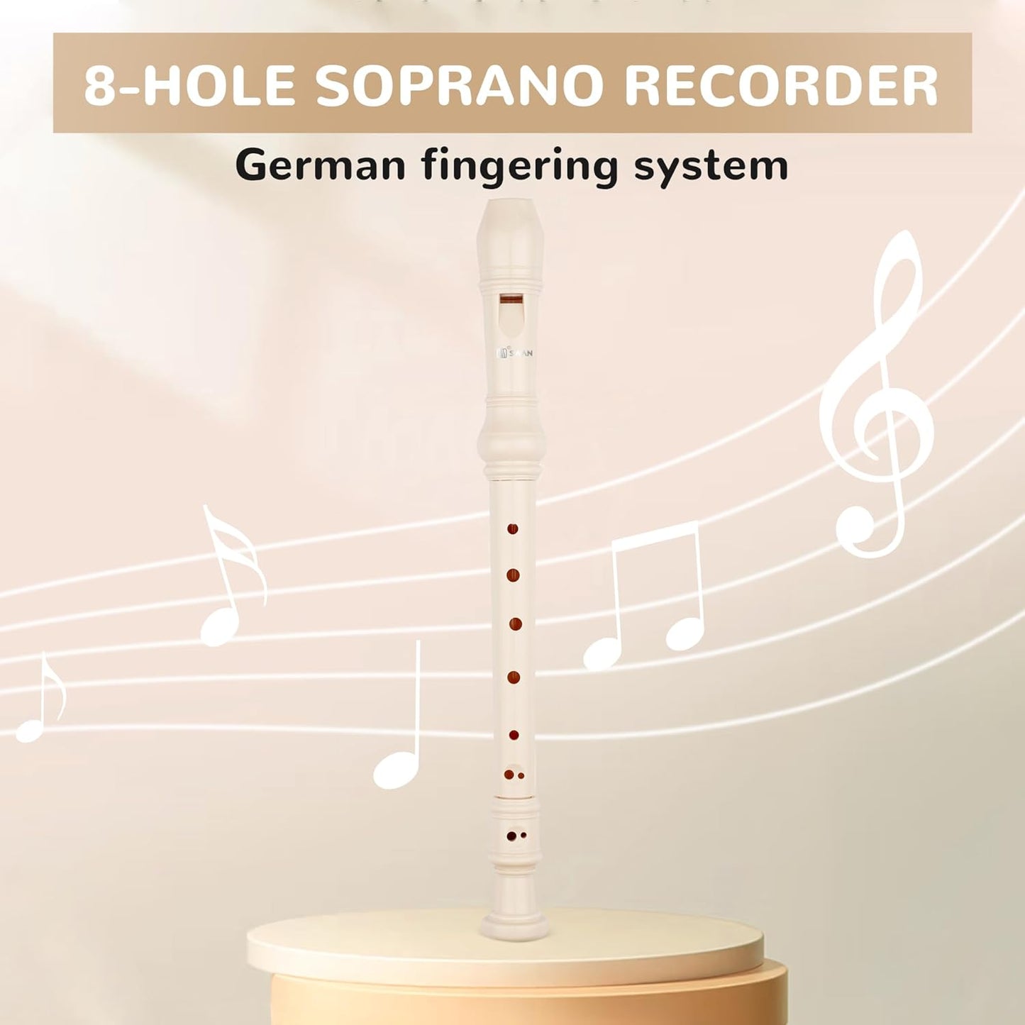 SWAN Soprano Recorder Instrument for Beginners Kids Student in School - German Fingering 8 Hole Flute 3pcs ABS Descant Recorders with Cleaning Rod and Fingering Chart, Beige