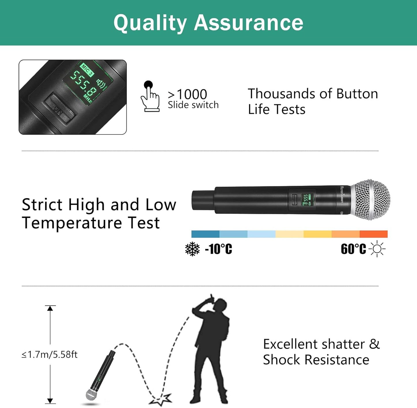 Wireless Microphone System, 4-Channel UHF Professional Mic, Automatically Pair Metal Cordless Mic with 4 Metal Handheld Microphones, 400ft Range, for Singing, Karaoke, Party