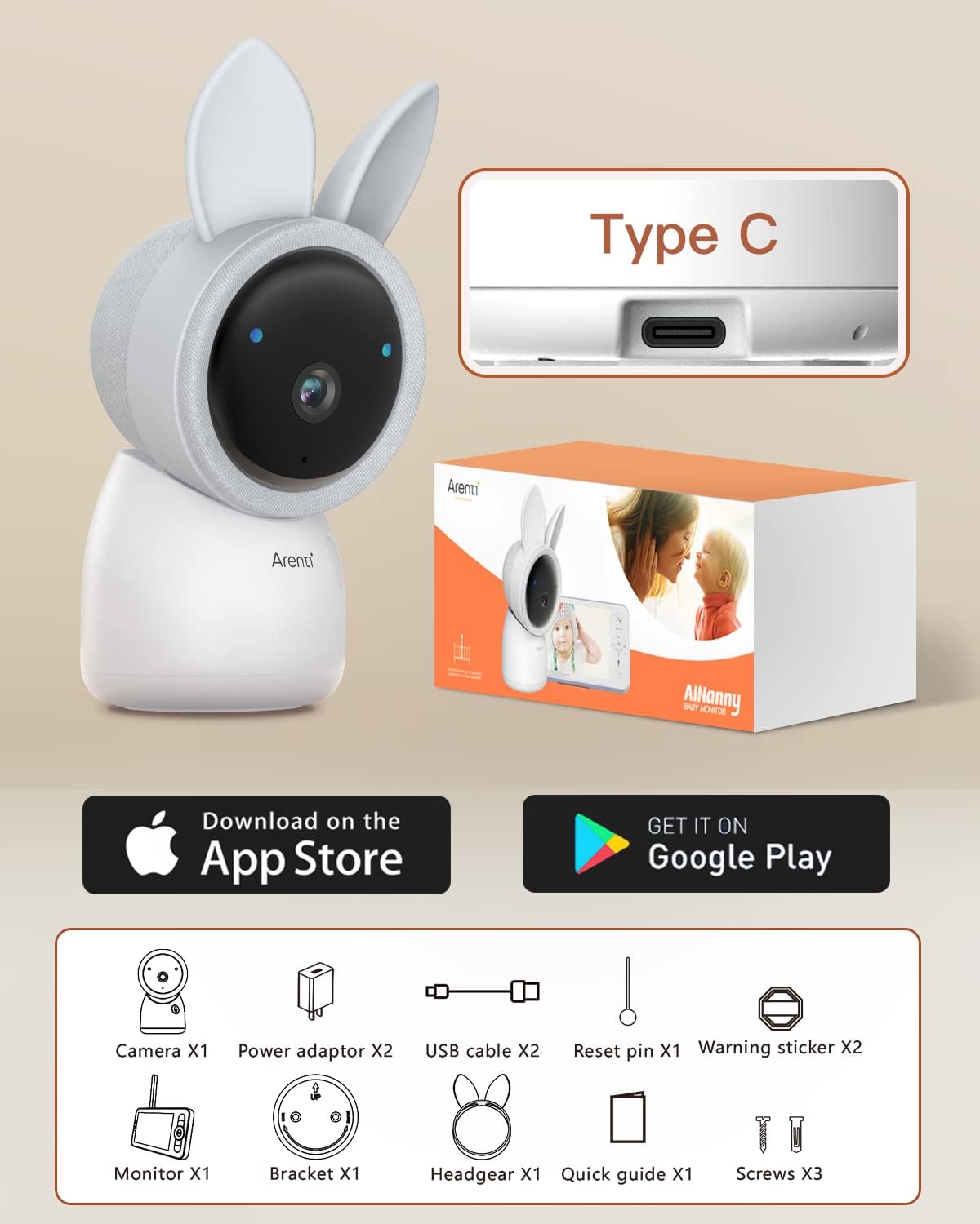 ARENTI Baby Monitor, 2K Video Baby Camera with 5-Inch Upgraded Wireless Display, Super Night Vision, Lullabies, Cry & Motion Detection, Temp & Humidity Sensor, Two Way Audio