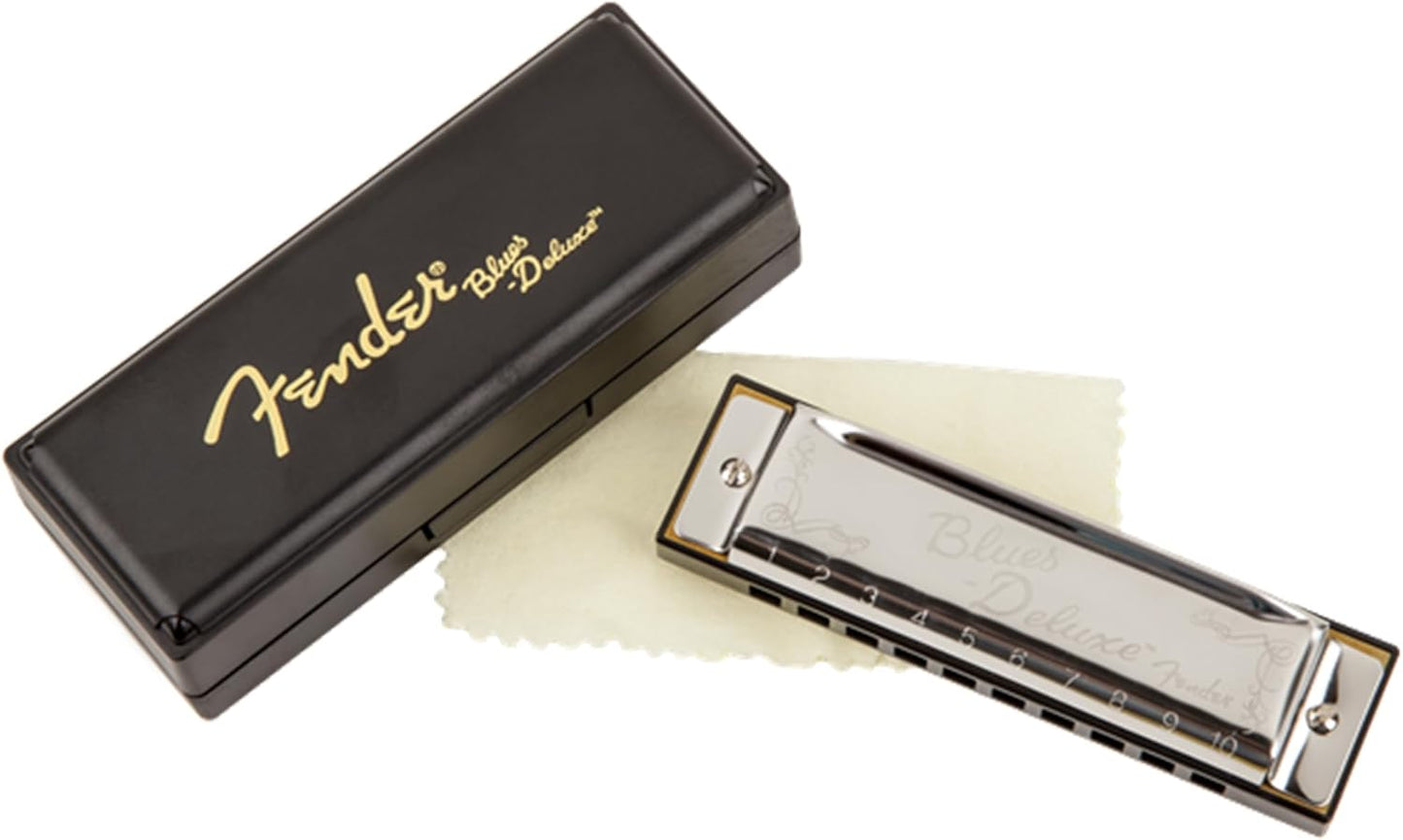 Fender Blues Deluxe Harmonica - Key of G Bundle with Carrying Case, Austin Bazaar Online Manual, and Polishing Cloth