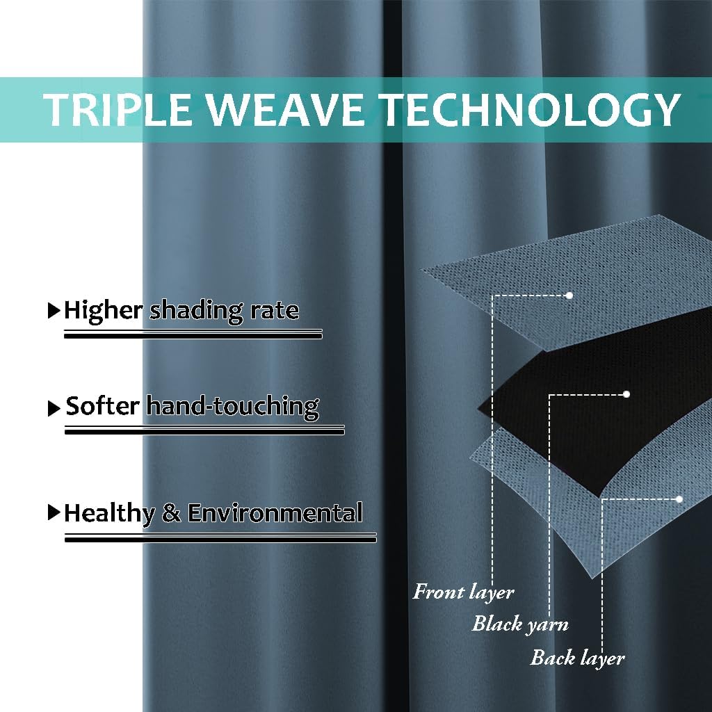 NICETOWN Full Shading Curtains for Windows, Smoky Blue, Pack of 2, 70 inches W x 95 inches L, Super Heavy-Duty Black Lined Blackout Curtains for Bedroom, Privacy Assured Window Treatment