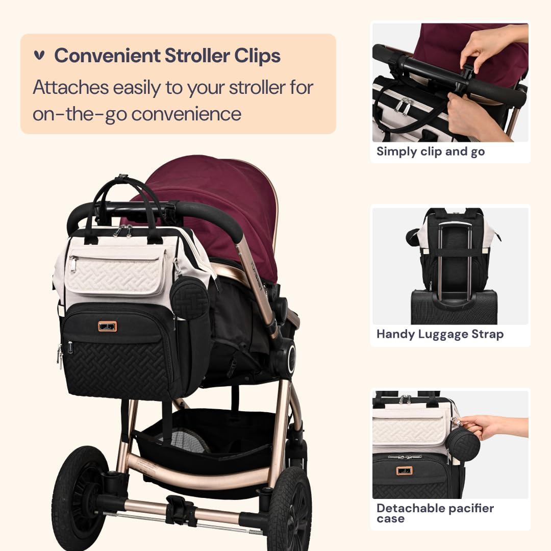 BabbleRoo Diaper Bag Backpack, Multifunction Nappy Changing Bag with Changing Pad, Stroller Straps & Pacifier Case, Unisex Stylish Travel Back Pack for Moms & Dads – Apricot & Black