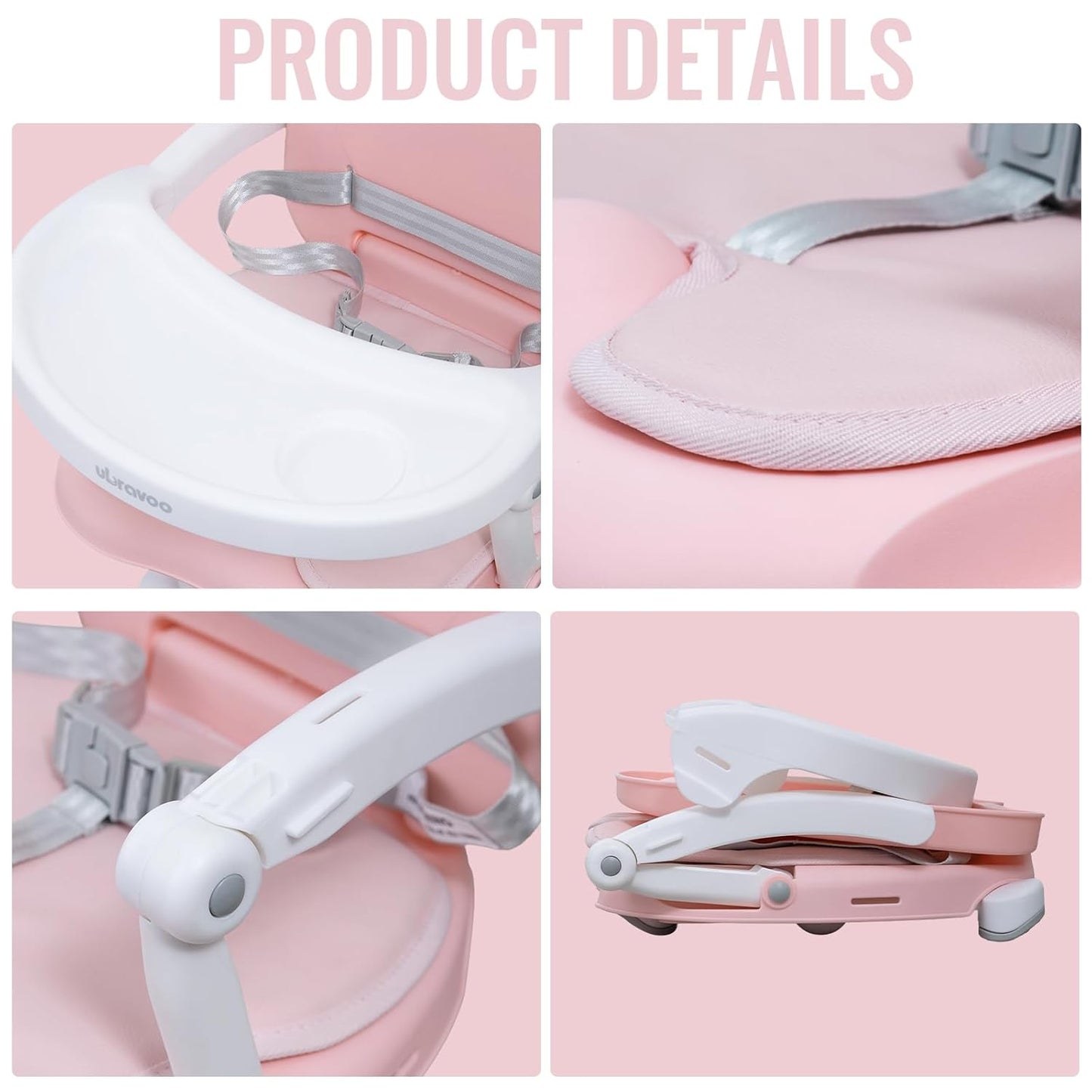 Baby Booster Seat for Dining Table with Removable Tray & Cushion, 3in1 Portable Toddler Booster Seat, 4 Height Adjustable Travel High Chair for Babies and Toddlers