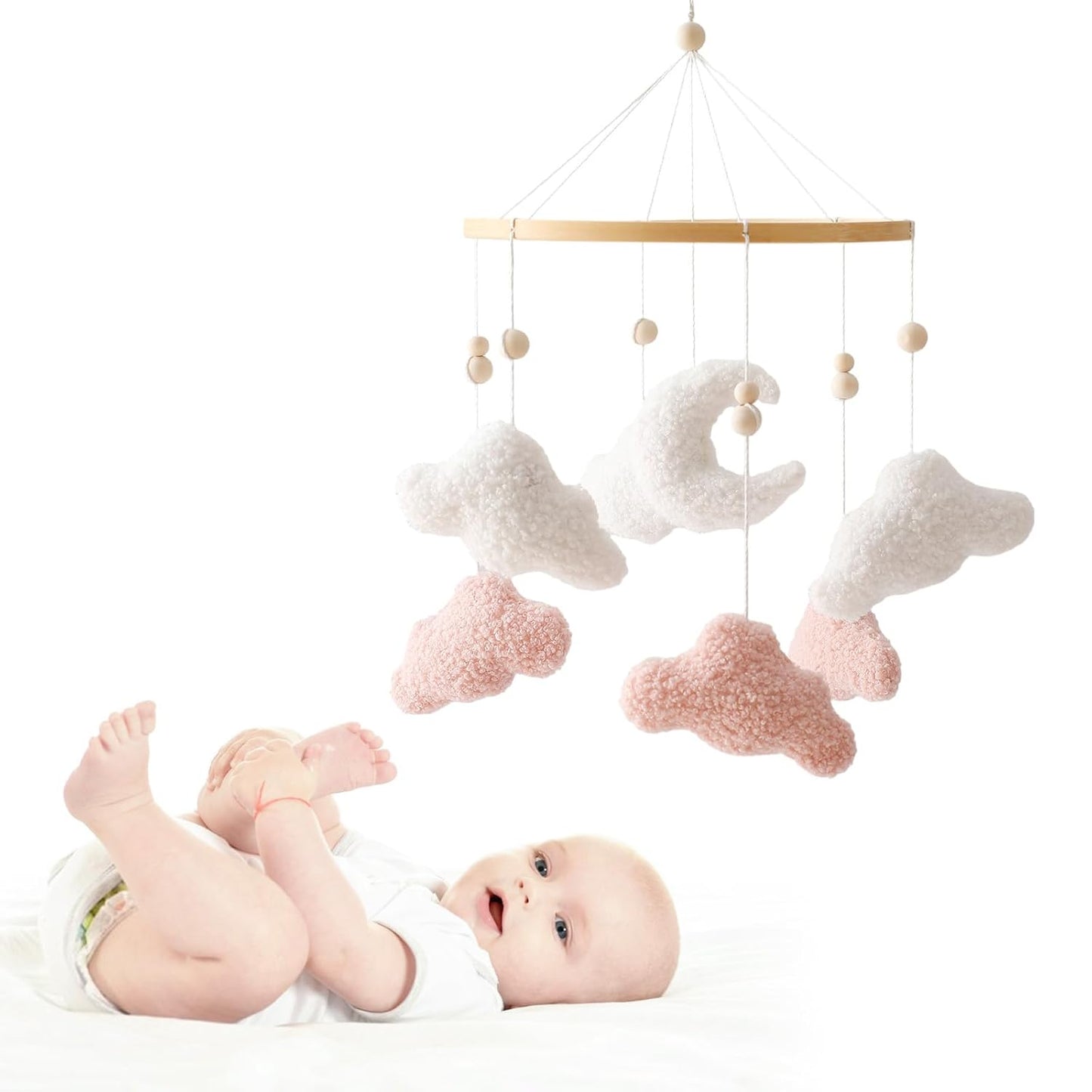 EERKEOD Baby Crib Mobile Bunny Nursery Mobile for Boys Girls Teddy Velvet Mobile Nursery Decor for Infant Bedroom Hanging Baby Mobile for Bassinet Newborn Baby Gift(Pink Clouds)
