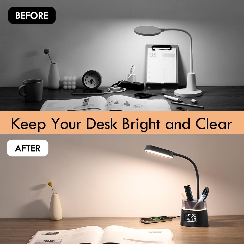 WILIT LED Kids Desk Lamp, Dimmable Study Lamp for Home Office Desk Accessories, with Pen Holder & Clock, USB Charging, RGB Night Light, Bedroom & College Dorm Room Essentials for Girls - Black