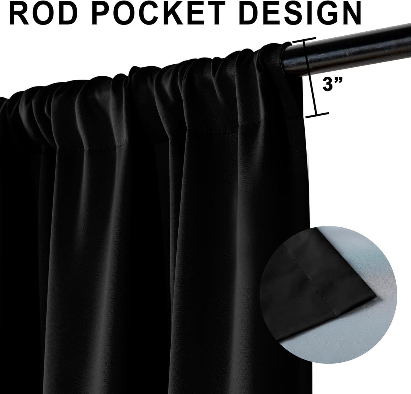 XWZO 100% Blackout Curtains - Extra Long Rod Pocket Thermal Insulated Black Liner Curtains, Noise Reducing and Heat Blocking Drapes for Bedroom with Tiebacks, Black, W52 x L108, Set of 2
