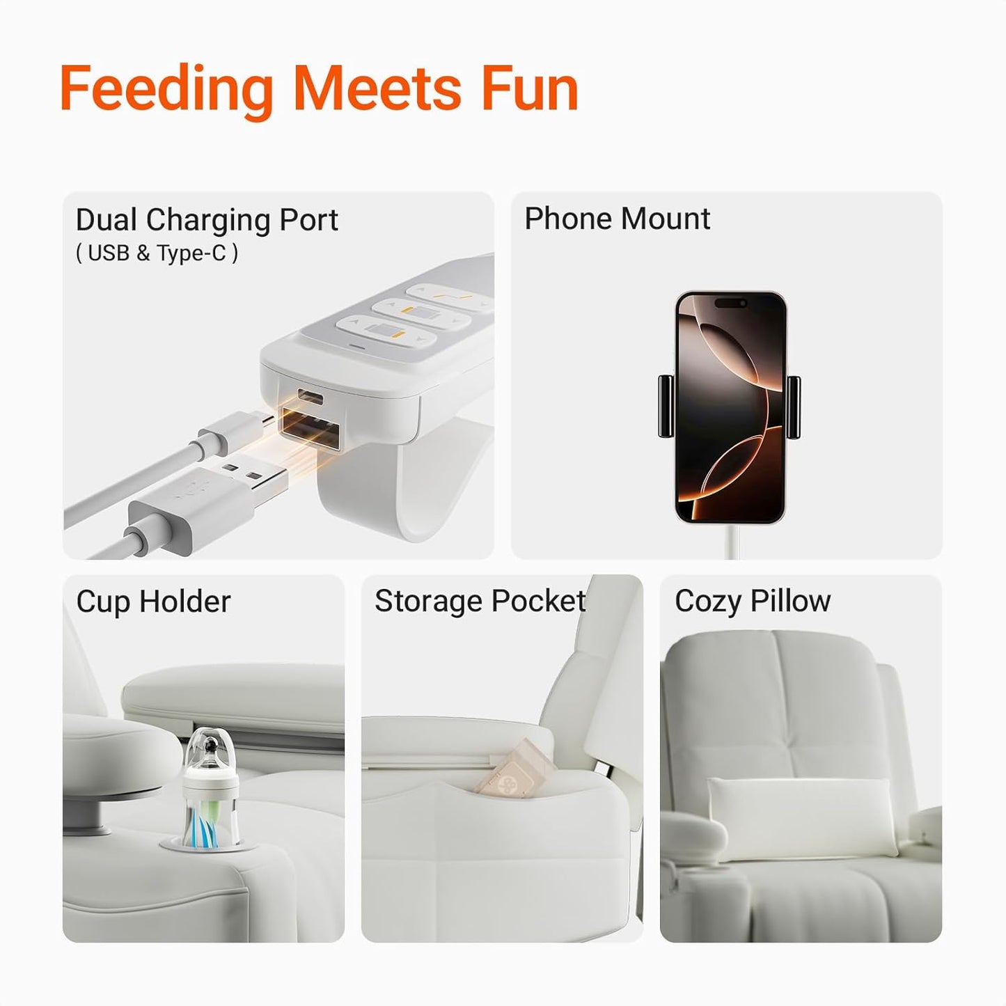 Rocking Chair Nursery with Adjustable Armrests, Electric Glider Recliner Nursing Chair for Breastfeeding, Power Swivel Recliner Chairs with USB Port and Storage, FSC Certified (Vanilla)