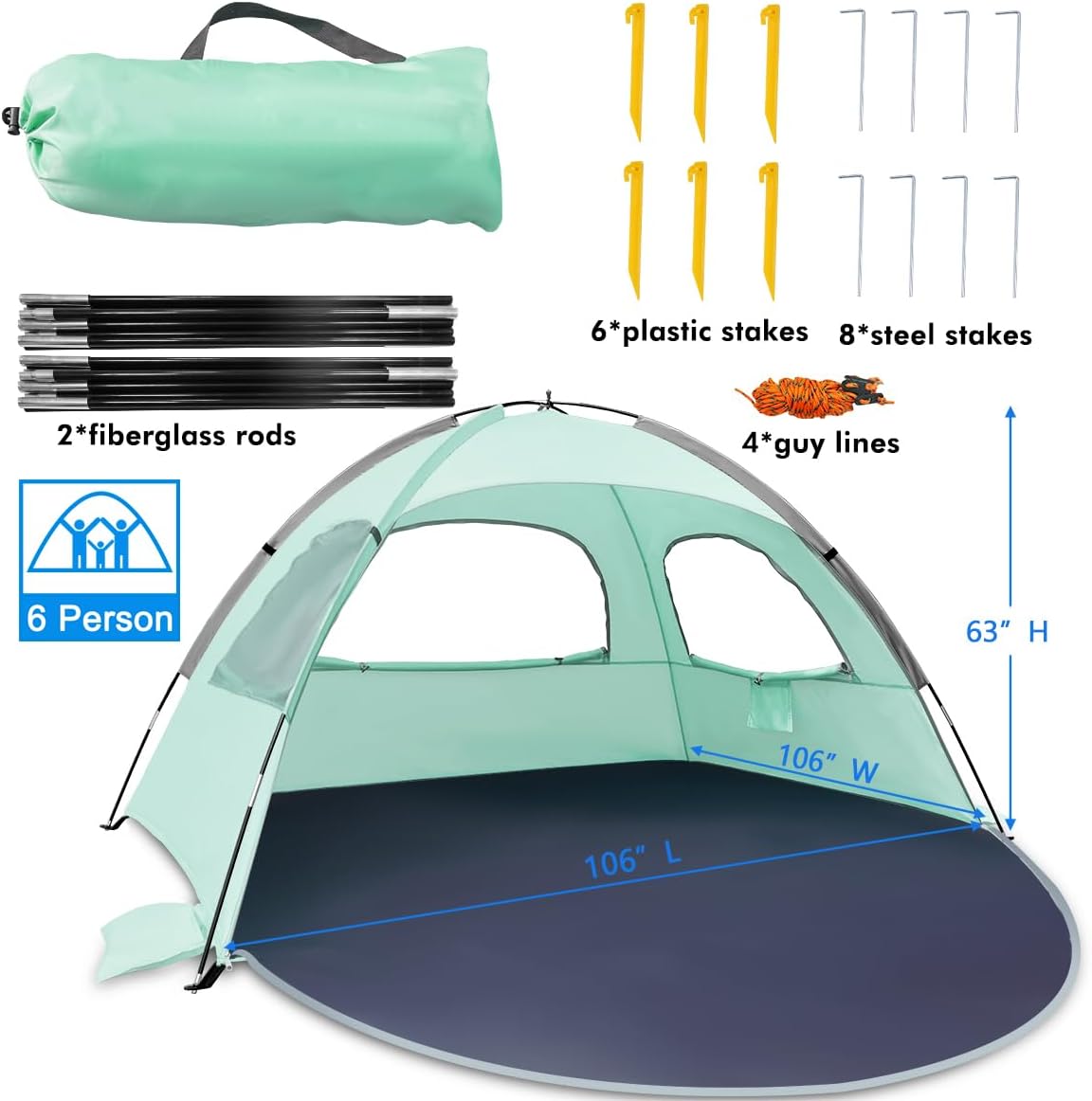 NXONE Beach Tent Sun Shade Shelter for 3/4/6 Person Person with UV Protection, Extended Floor, 3 Mesh Roll Up Windows & 8.0/8.5mm Fiberglass Rods丨Carry Bag Included