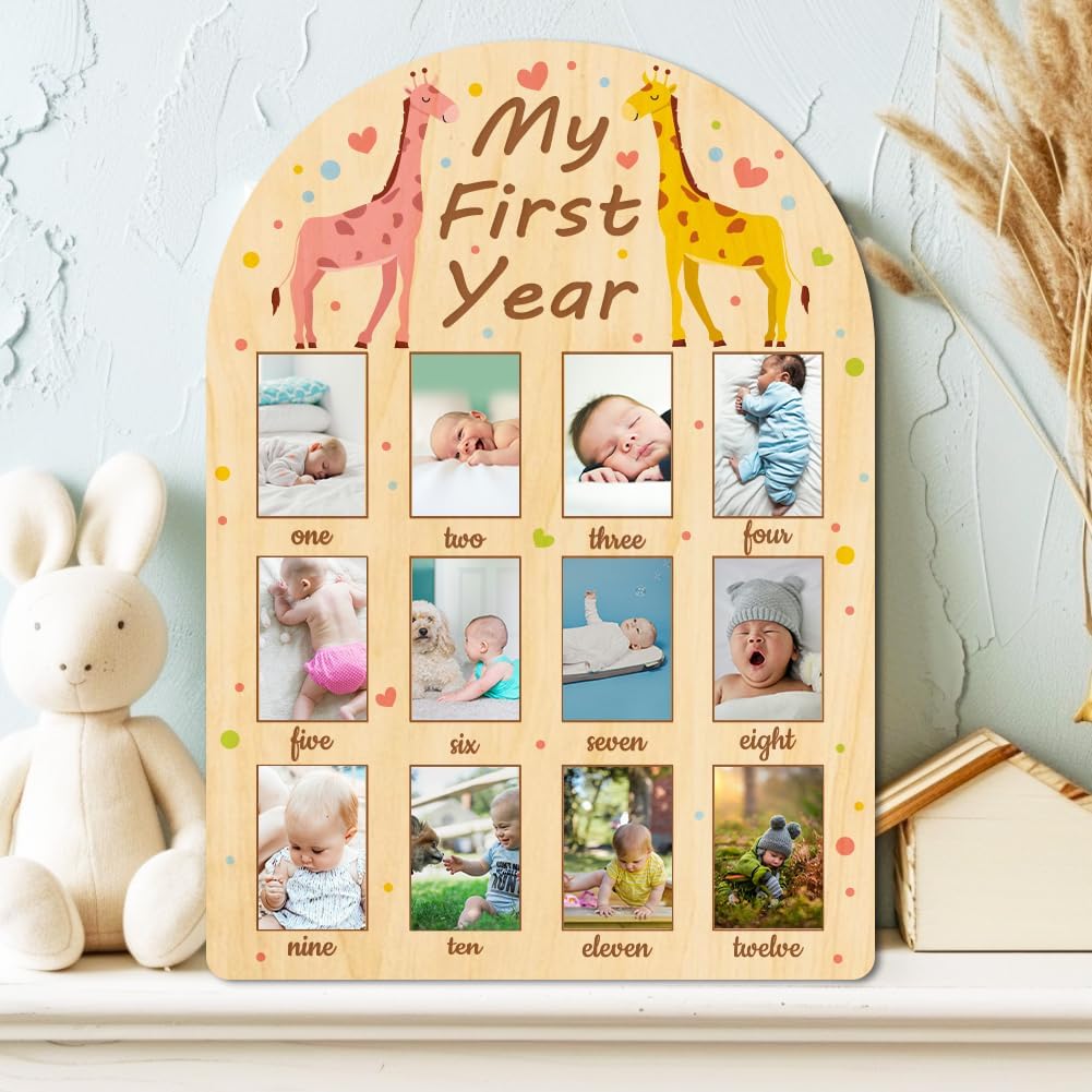 ORIGACH My First Year Baby Growth Photo Display Wood Board - 12 Months Newborn Milestones Photo Board - Neutral Baby Keepsake Frame 1st Birthday Party Nursery Decor New Mom Gift - Giraffe