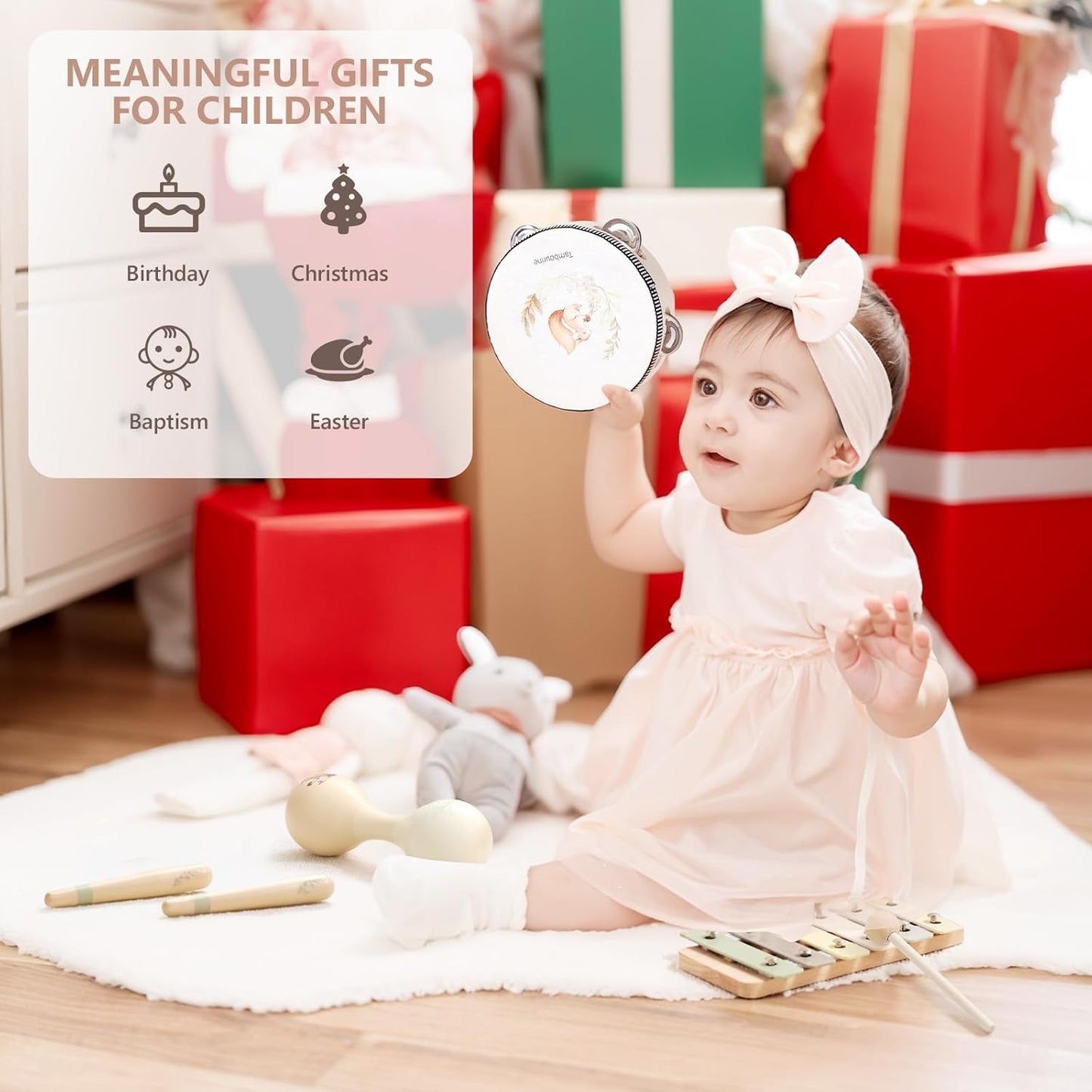 Baby Wooden Montessori Musical Instruments Set for Toddlers - Neutral Colors Percussion Set With Modern Boho Xylophone Tambourine - Educational Toys for Preschool Kids