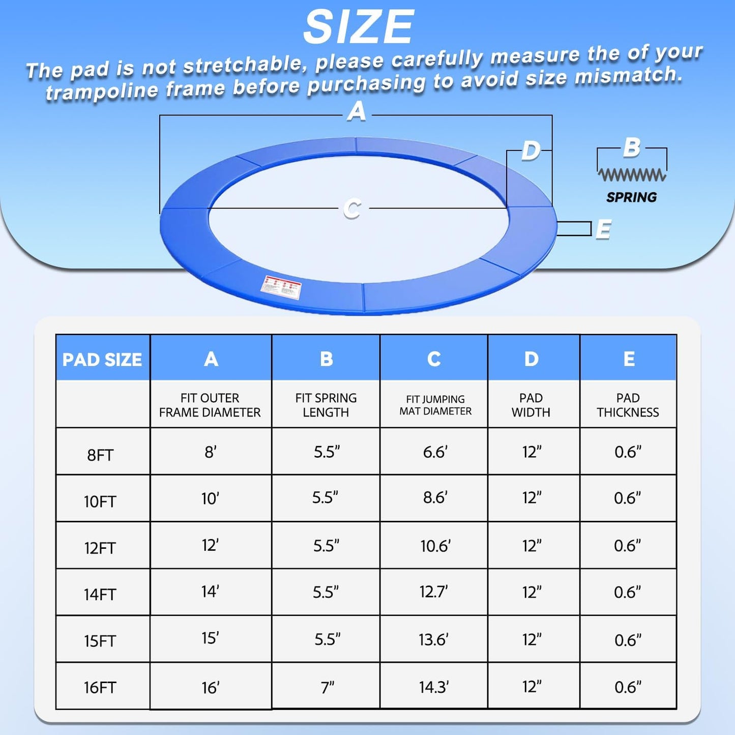 Trampoline Replacement Safety Pad, 8ft 10ft 12ft 14ft 15ft 16ft Trampoline Spring Cover with Foam Padding, No Holes for Poles, Round, Blue