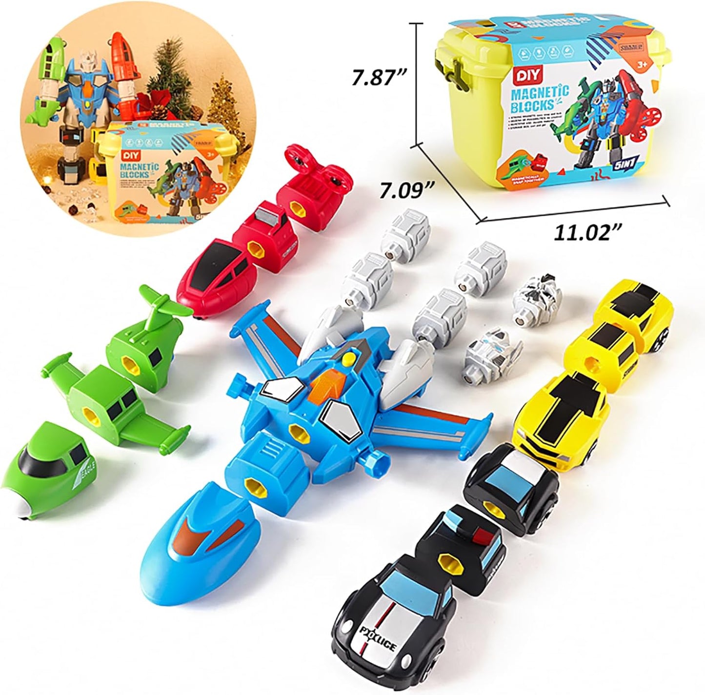 5-in-1 Magnetic Vehicles Playset Toy, Transform to Robot, Mix & Match Assembling Building Action Figures Kit with Storage Box, Holiday Birthday Present for Kids, Boys & Girls 3 4 5 6 7 Year