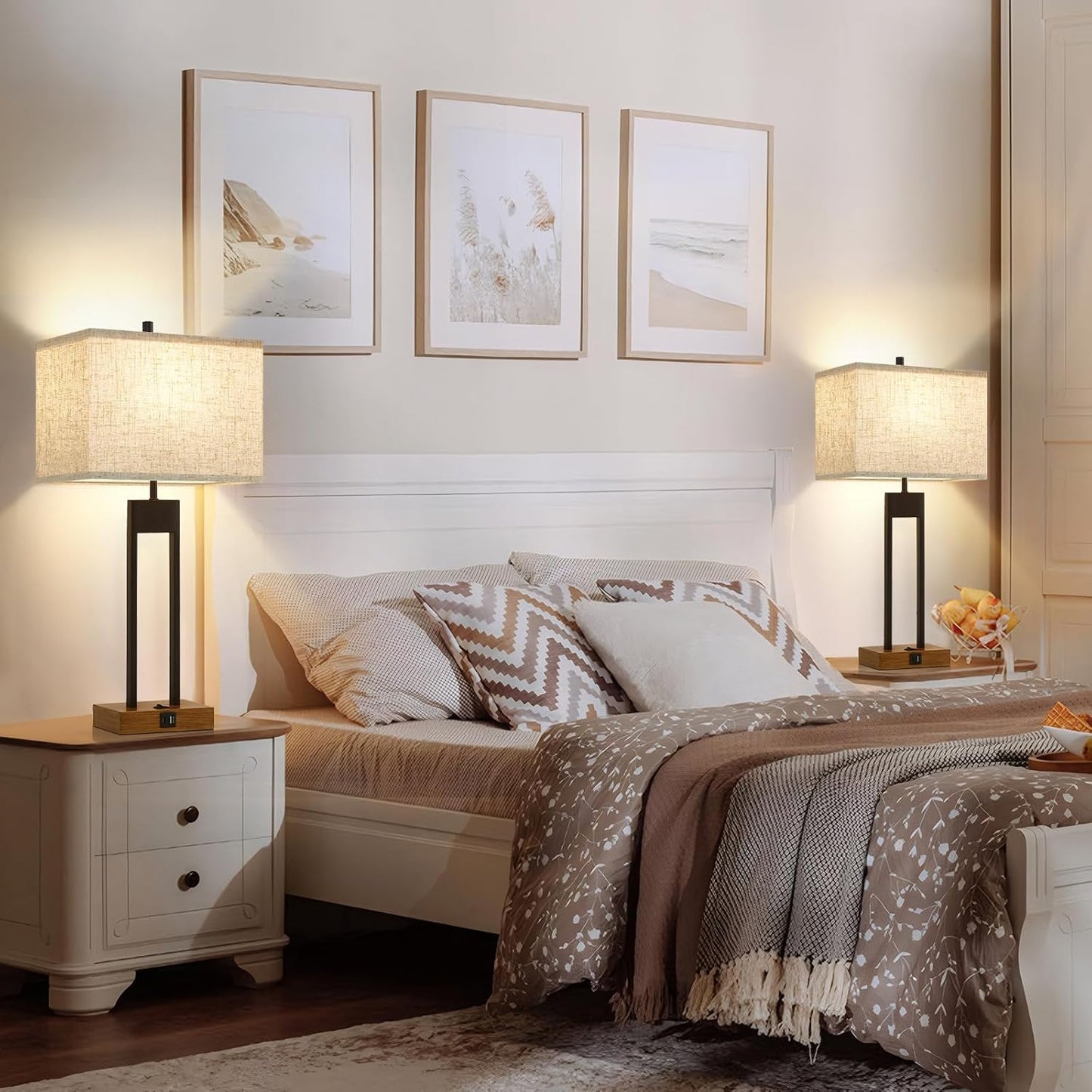 25.5'' Set of 2 Modern Bedroom Table Lamps with USB C+A Ports, 3 Color Changeable, Brown Night Stand Lamps for Bedside, Guest Room, Office, Reading