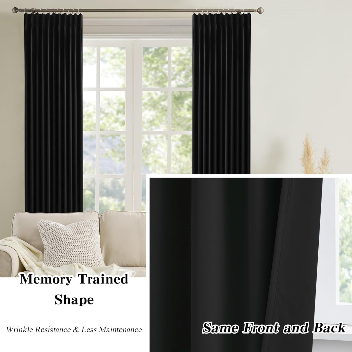 KEQIAOSUOCAI Short Pinch Pleated Blackout Curtains 54 Inch Long 2 Panels for Bedroom Thermal Insulated Black Out Window Curtain Pinched Pleat Drape with Hooks (W40 x L54 Inch, Black)