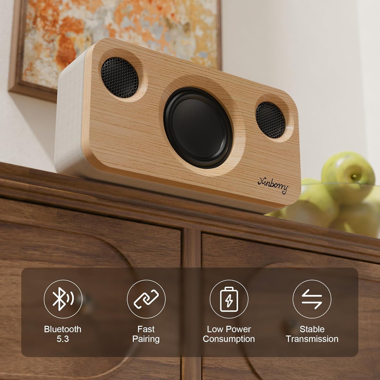 Portable Bluetooth Speaker with Deep Bass, 40W(Peak),Bluetooth 5.3,15-Hour Playtime, AUX, TF Card, 2 Way Stereo Sound Wood Home Audio for Indoor, Party, Outdoor, Camping